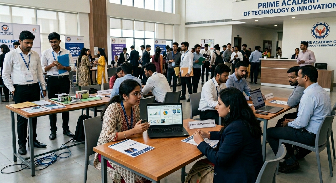 Professionals collaborating with laptops and skill dashboards in a modern office with a Career Launchpad wall