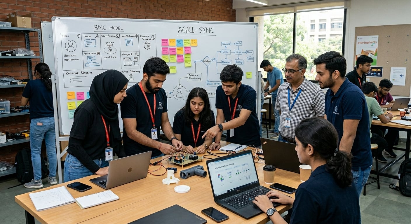 Students and mentors collaborating in a startup incubator with laptops, prototypes, and a whiteboard